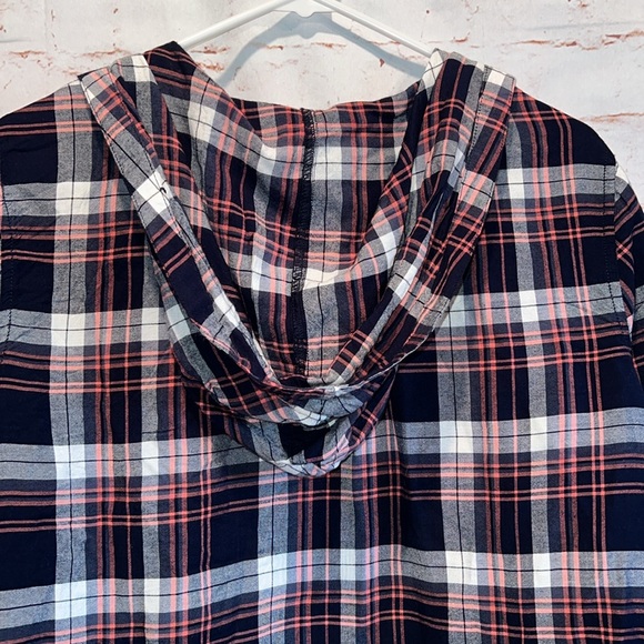 Roxy Sweater Womens Medium Red Black Plaid Draped Open Front Cardigan Hooded - Picture 9 of 9